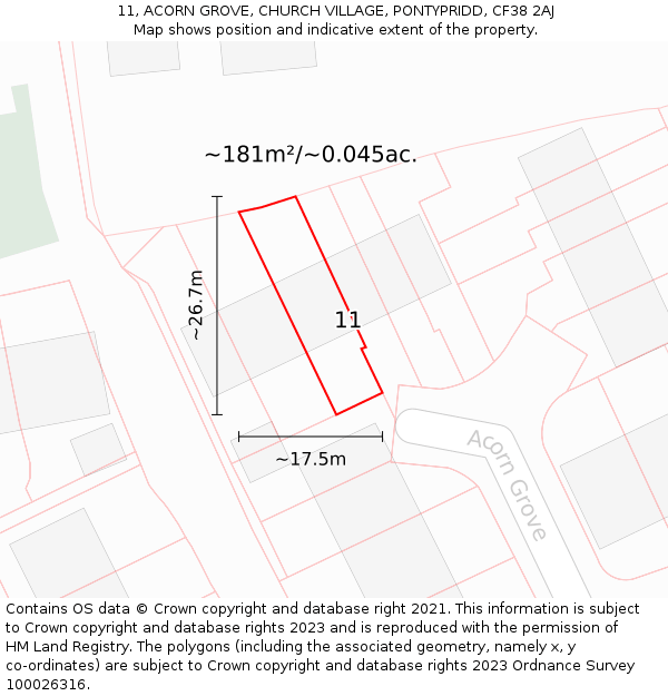 11, ACORN GROVE, CHURCH VILLAGE, PONTYPRIDD, CF38 2AJ: Plot and title map