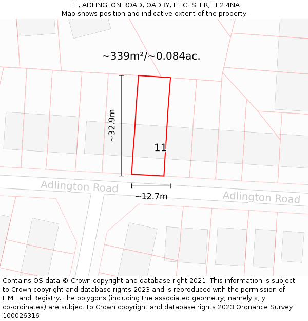 11, ADLINGTON ROAD, OADBY, LEICESTER, LE2 4NA: Plot and title map