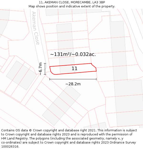 11, AKEMAN CLOSE, MORECAMBE, LA3 3BP: Plot and title map