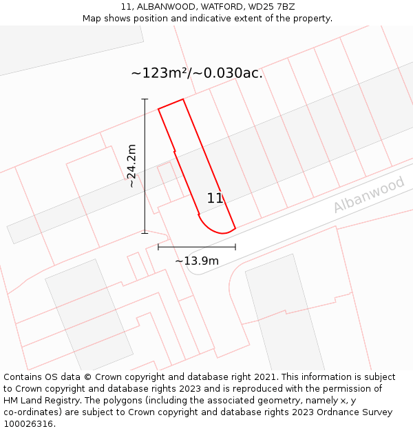 11, ALBANWOOD, WATFORD, WD25 7BZ: Plot and title map