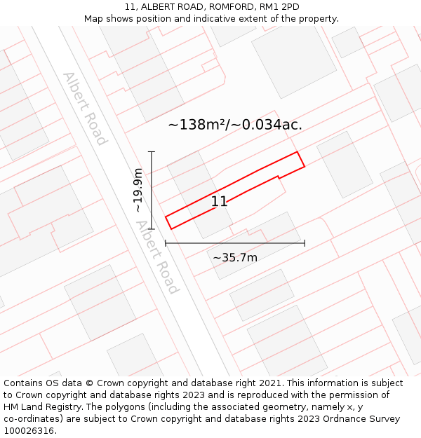 11, ALBERT ROAD, ROMFORD, RM1 2PD: Plot and title map