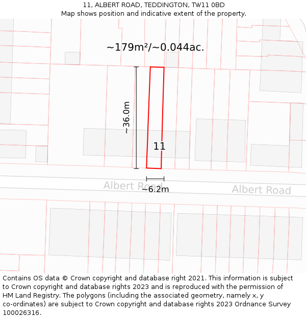 11, ALBERT ROAD, TEDDINGTON, TW11 0BD: Plot and title map