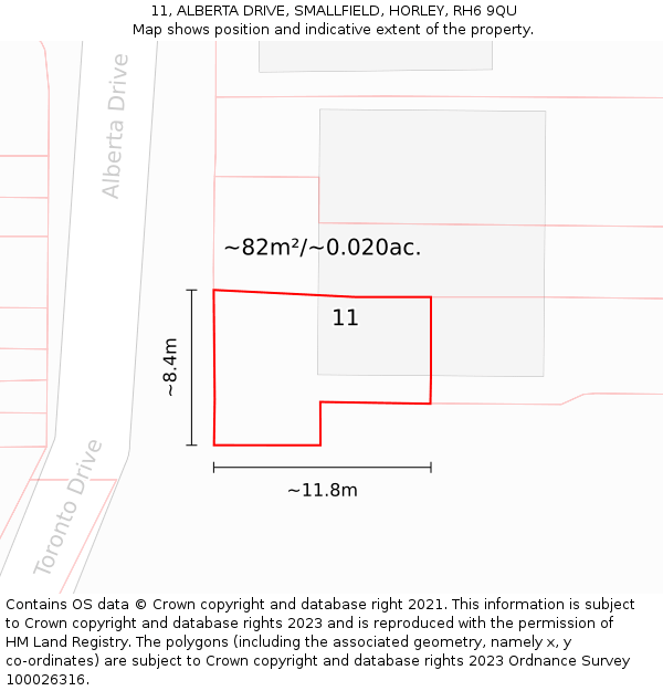 11, ALBERTA DRIVE, SMALLFIELD, HORLEY, RH6 9QU: Plot and title map