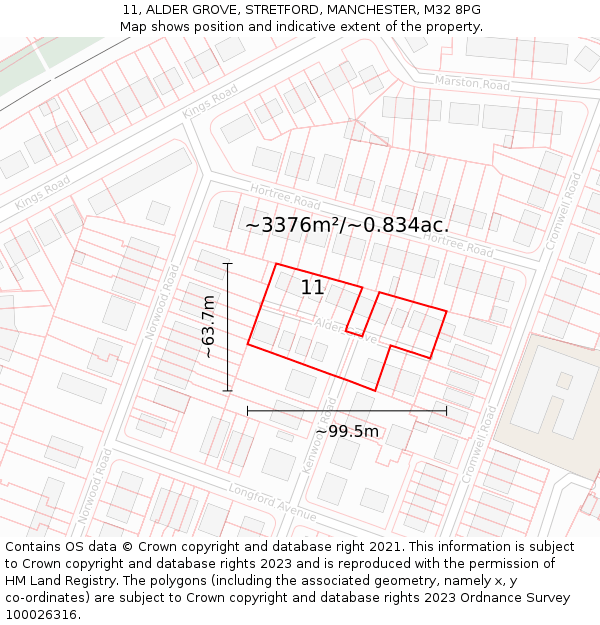 11, ALDER GROVE, STRETFORD, MANCHESTER, M32 8PG: Plot and title map