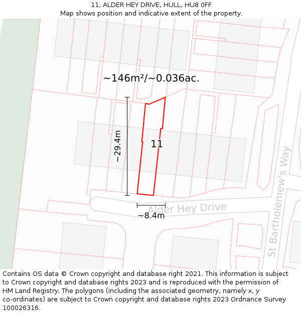 11, ALDER HEY DRIVE, HULL, HU8 0FF: Plot and title map