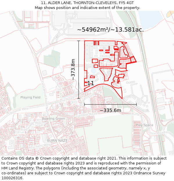 11, ALDER LANE, THORNTON-CLEVELEYS, FY5 4GT: Plot and title map