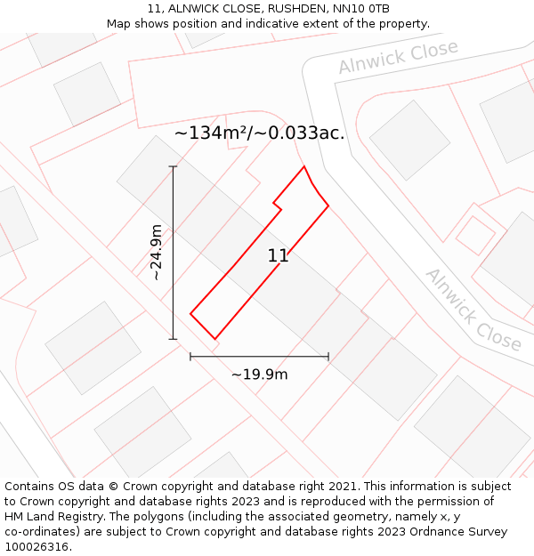 11, ALNWICK CLOSE, RUSHDEN, NN10 0TB: Plot and title map