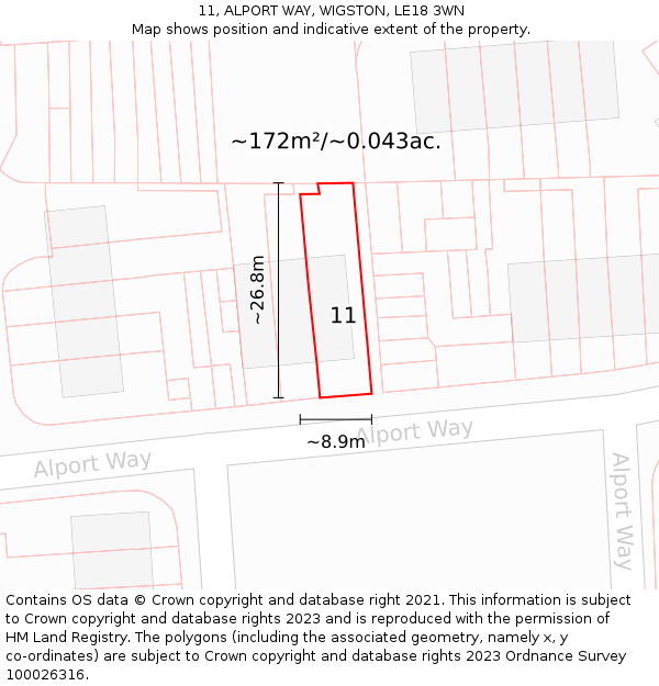 11, ALPORT WAY, WIGSTON, LE18 3WN: Plot and title map