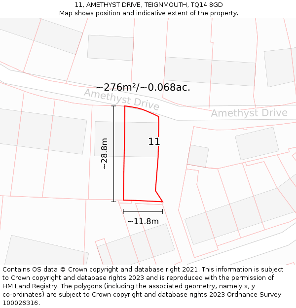 11, AMETHYST DRIVE, TEIGNMOUTH, TQ14 8GD: Plot and title map