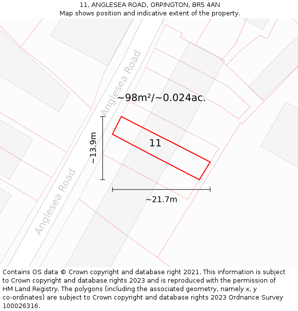 11, ANGLESEA ROAD, ORPINGTON, BR5 4AN: Plot and title map