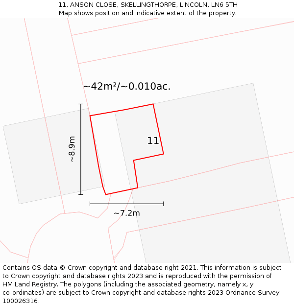 11, ANSON CLOSE, SKELLINGTHORPE, LINCOLN, LN6 5TH: Plot and title map