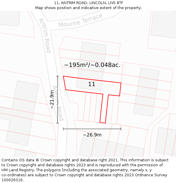 11, ANTRIM ROAD, LINCOLN, LN5 8TF: Plot and title map