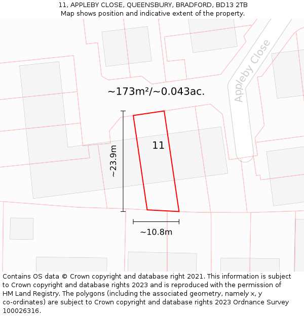 11, APPLEBY CLOSE, QUEENSBURY, BRADFORD, BD13 2TB: Plot and title map
