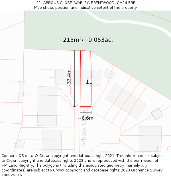11, ARBOUR CLOSE, WARLEY, BRENTWOOD, CM14 5BB: Plot and title map