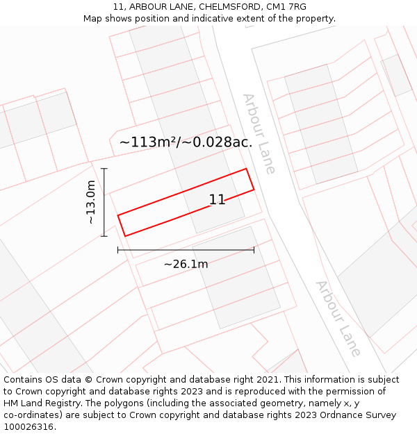11, ARBOUR LANE, CHELMSFORD, CM1 7RG: Plot and title map