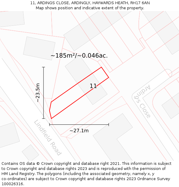 11, ARDINGS CLOSE, ARDINGLY, HAYWARDS HEATH, RH17 6AN: Plot and title map