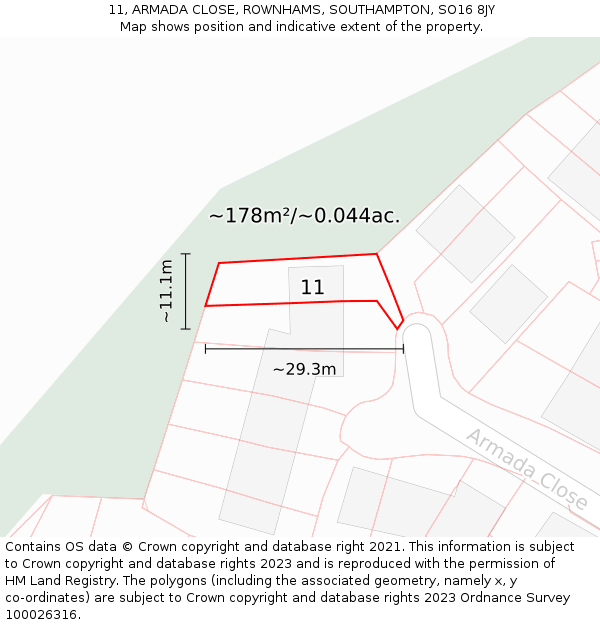 11, ARMADA CLOSE, ROWNHAMS, SOUTHAMPTON, SO16 8JY: Plot and title map