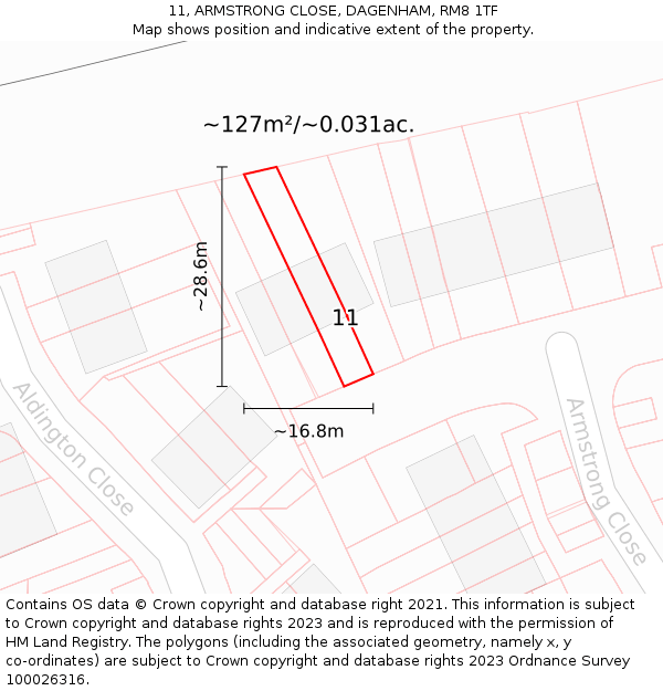 11, ARMSTRONG CLOSE, DAGENHAM, RM8 1TF: Plot and title map