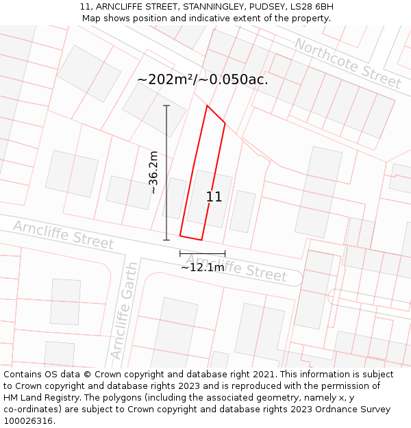 11, ARNCLIFFE STREET, STANNINGLEY, PUDSEY, LS28 6BH: Plot and title map