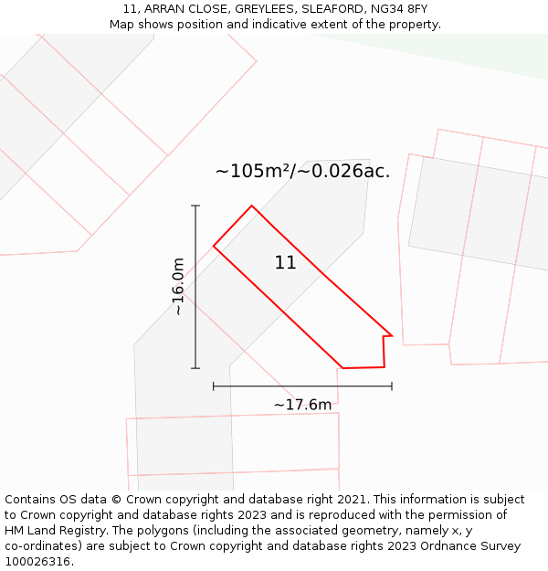 11, ARRAN CLOSE, GREYLEES, SLEAFORD, NG34 8FY: Plot and title map