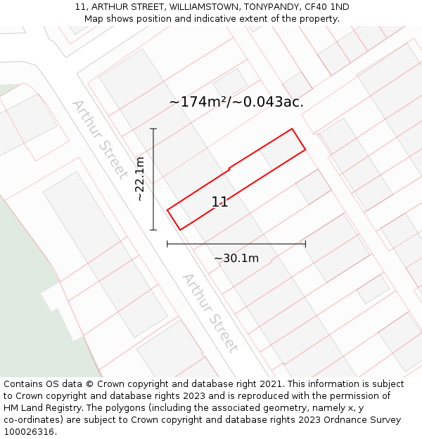 11, ARTHUR STREET, WILLIAMSTOWN, TONYPANDY, CF40 1ND: Plot and title map