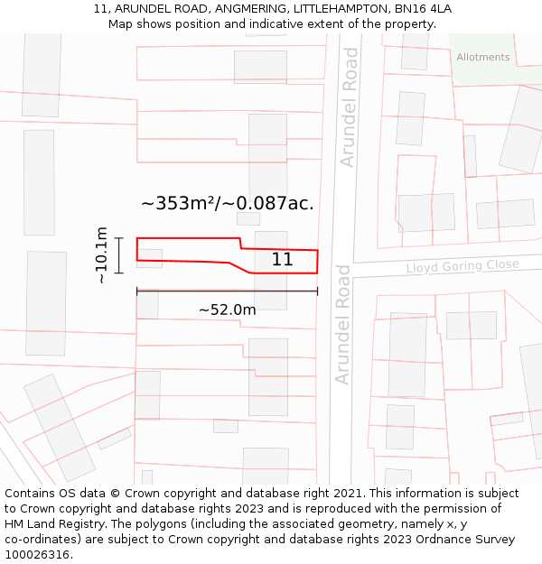 11, ARUNDEL ROAD, ANGMERING, LITTLEHAMPTON, BN16 4LA: Plot and title map