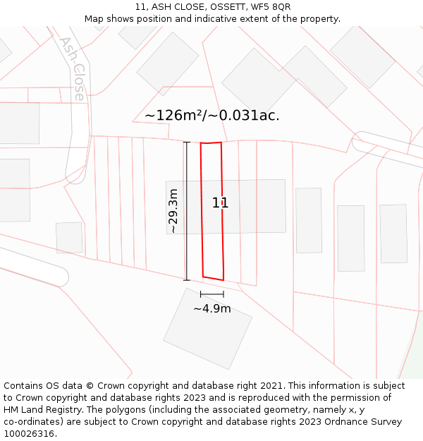 11, ASH CLOSE, OSSETT, WF5 8QR: Plot and title map