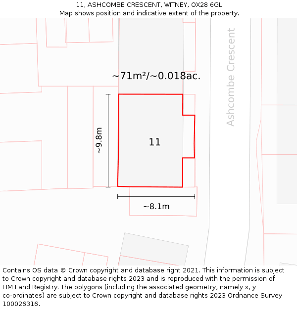 11, ASHCOMBE CRESCENT, WITNEY, OX28 6GL: Plot and title map