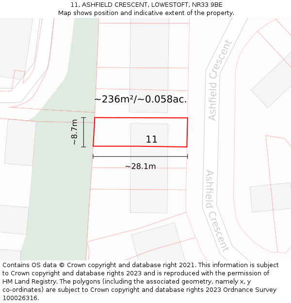 11, ASHFIELD CRESCENT, LOWESTOFT, NR33 9BE: Plot and title map