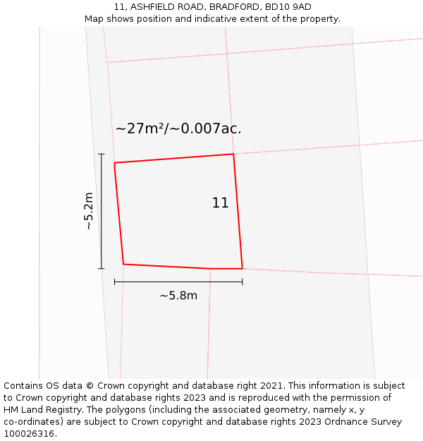 11, ASHFIELD ROAD, BRADFORD, BD10 9AD: Plot and title map