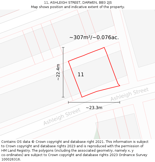 11, ASHLEIGH STREET, DARWEN, BB3 2JS: Plot and title map