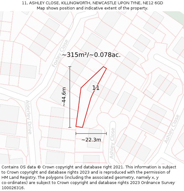 11, ASHLEY CLOSE, KILLINGWORTH, NEWCASTLE UPON TYNE, NE12 6GD: Plot and title map