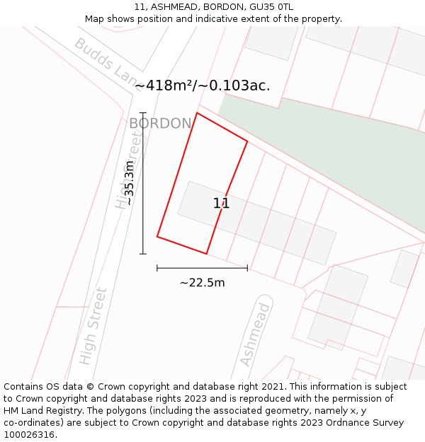 11, ASHMEAD, BORDON, GU35 0TL: Plot and title map