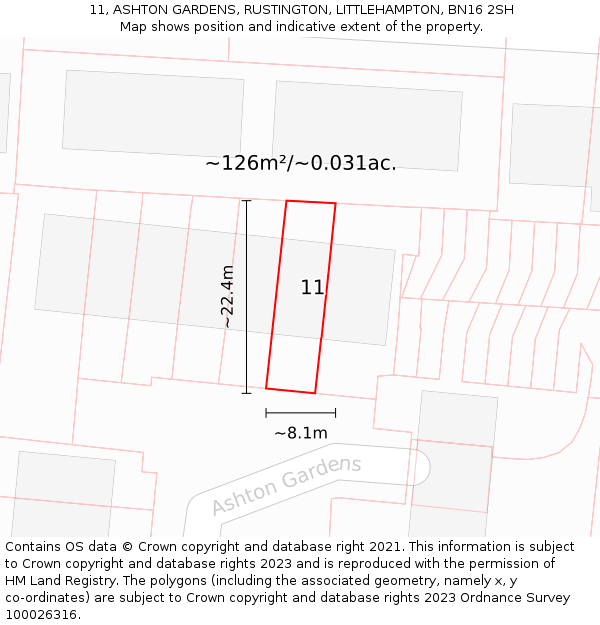 11, ASHTON GARDENS, RUSTINGTON, LITTLEHAMPTON, BN16 2SH: Plot and title map