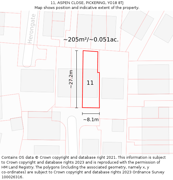 11, ASPEN CLOSE, PICKERING, YO18 8TJ: Plot and title map