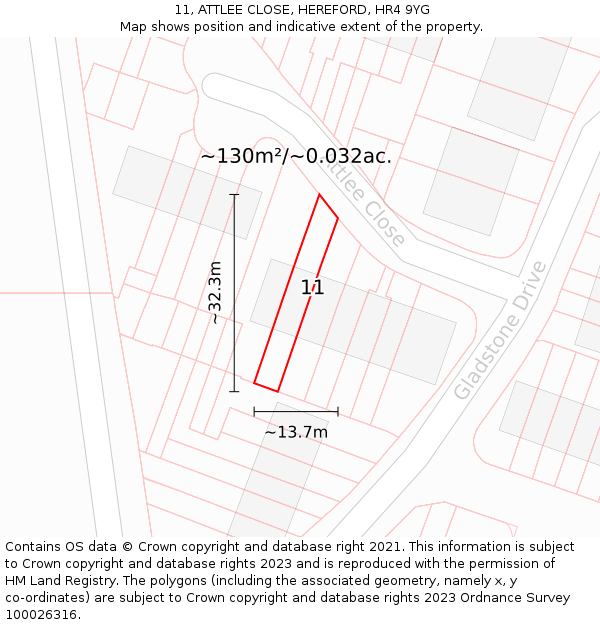 11, ATTLEE CLOSE, HEREFORD, HR4 9YG: Plot and title map
