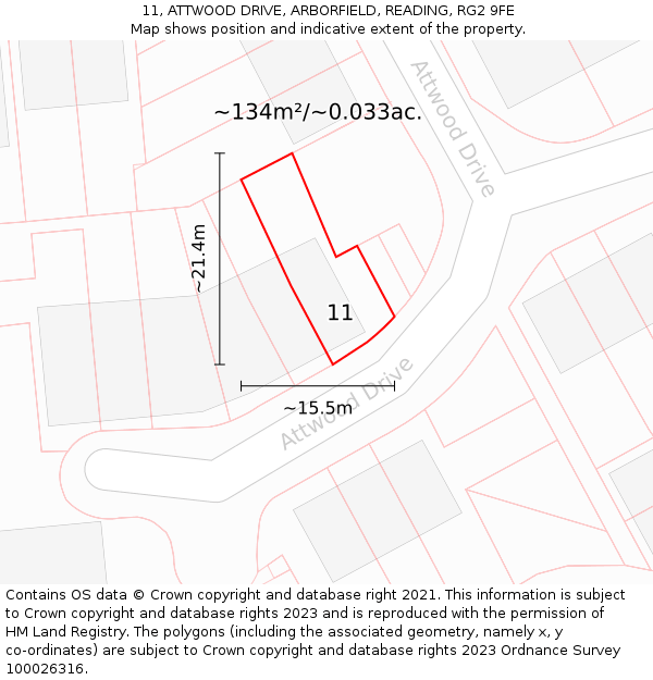 11, ATTWOOD DRIVE, ARBORFIELD, READING, RG2 9FE: Plot and title map