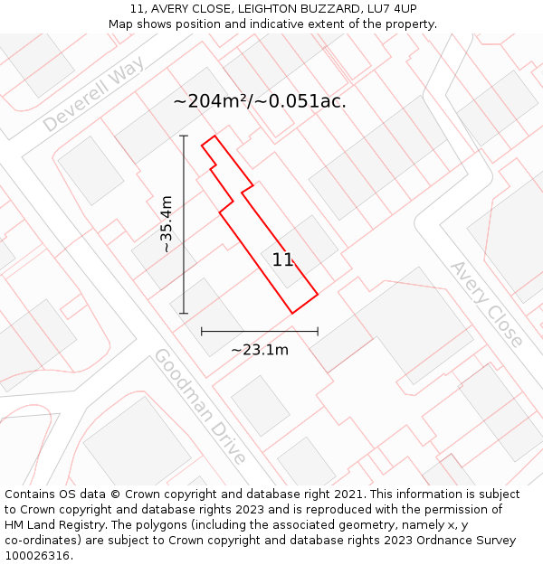 11, AVERY CLOSE, LEIGHTON BUZZARD, LU7 4UP: Plot and title map