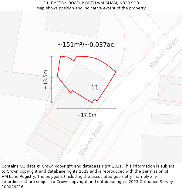 11, BACTON ROAD, NORTH WALSHAM, NR28 9DR: Plot and title map