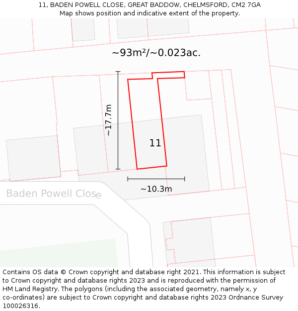 11, BADEN POWELL CLOSE, GREAT BADDOW, CHELMSFORD, CM2 7GA: Plot and title map