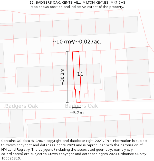 11, BADGERS OAK, KENTS HILL, MILTON KEYNES, MK7 6HS: Plot and title map