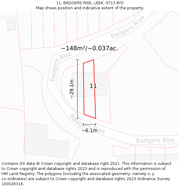 11, BADGERS RISE, LEEK, ST13 8YD: Plot and title map