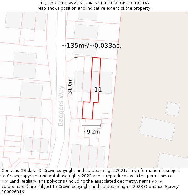 11, BADGERS WAY, STURMINSTER NEWTON, DT10 1DA: Plot and title map