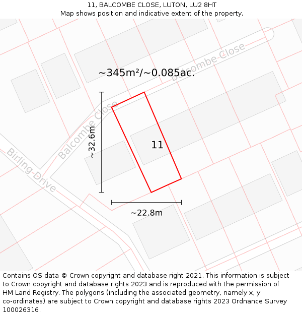 11, BALCOMBE CLOSE, LUTON, LU2 8HT: Plot and title map
