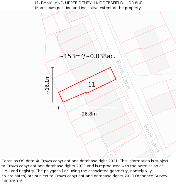 11, BANK LANE, UPPER DENBY, HUDDERSFIELD, HD8 8UR: Plot and title map