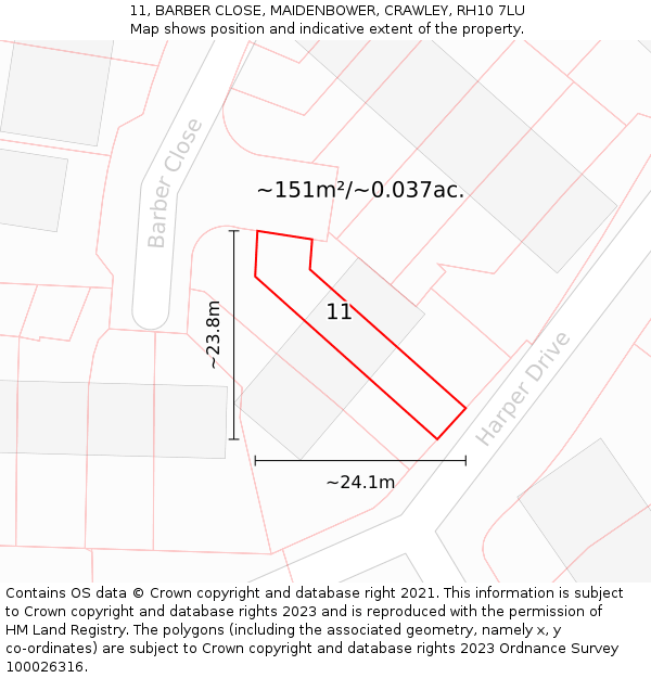 11, BARBER CLOSE, MAIDENBOWER, CRAWLEY, RH10 7LU: Plot and title map