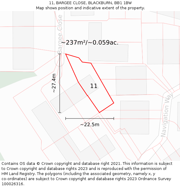 11, BARGEE CLOSE, BLACKBURN, BB1 1BW: Plot and title map