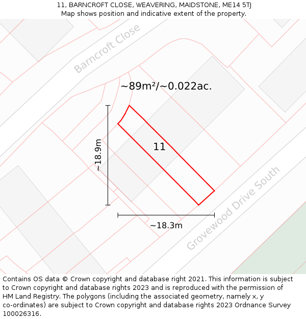 11, BARNCROFT CLOSE, WEAVERING, MAIDSTONE, ME14 5TJ: Plot and title map