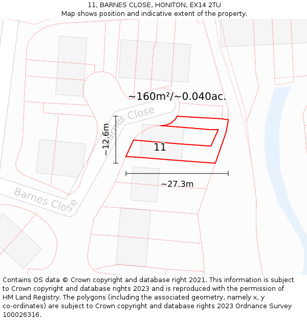 11, BARNES CLOSE, HONITON, EX14 2TU: Plot and title map