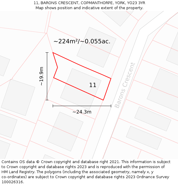 11, BARONS CRESCENT, COPMANTHORPE, YORK, YO23 3YR: Plot and title map